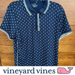 Vineyard Vines Navy Polo with Light Blue Dot Pattern